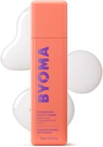 51jUZPIYlL_AC_SL1500_jpg - Affiliated Shops Coral pink BYOMA Hydrating Milky Toner bottle with white background bubbles behind it, front-facing label visible