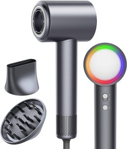 616f63mNx8L_AC_SL1500_jpg - Affiliated Shops Hair dryer with multiple attachments: diffuser, concentrator, and a curved nozzle placed beside it; features a rainbow LED ring on the handle