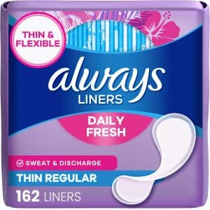 81r2XaKrw-L_AC_SL1500_jpg - Affiliated Shops Always Daily Fresh thin and flexible pantyliners package with purple design and lavender pad illustration, 162 liners included.